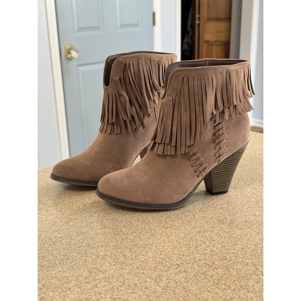 Dailyshoes Women's Taupe Brown Faux Suede Fringe Ankle Bootie Almond Toe 8